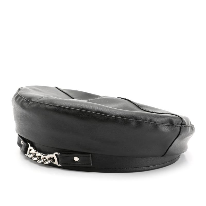 

Korean Metal Chain PU Leather Beret For Women Retro Solid Color Octagonal Cap Girls Spring Autumn Flat Top Artist Painter Hat One Size чорний