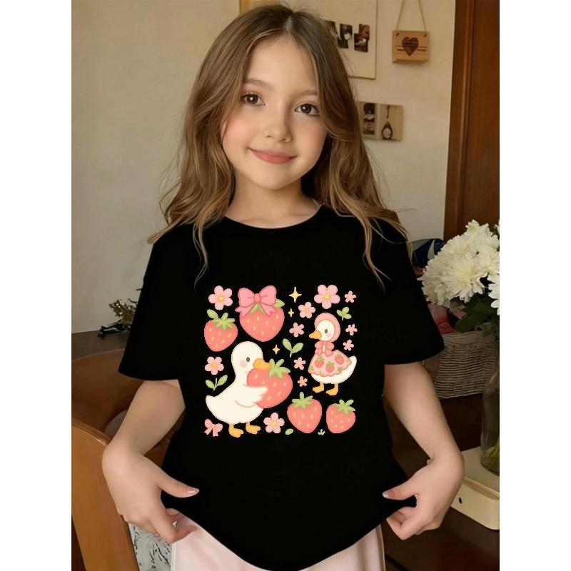 European sizes Adorable Small Strawberries Featuring a Charming Duck Design. This Girls' Short-Sleeve Round-Neck Tee Comes in Black And White