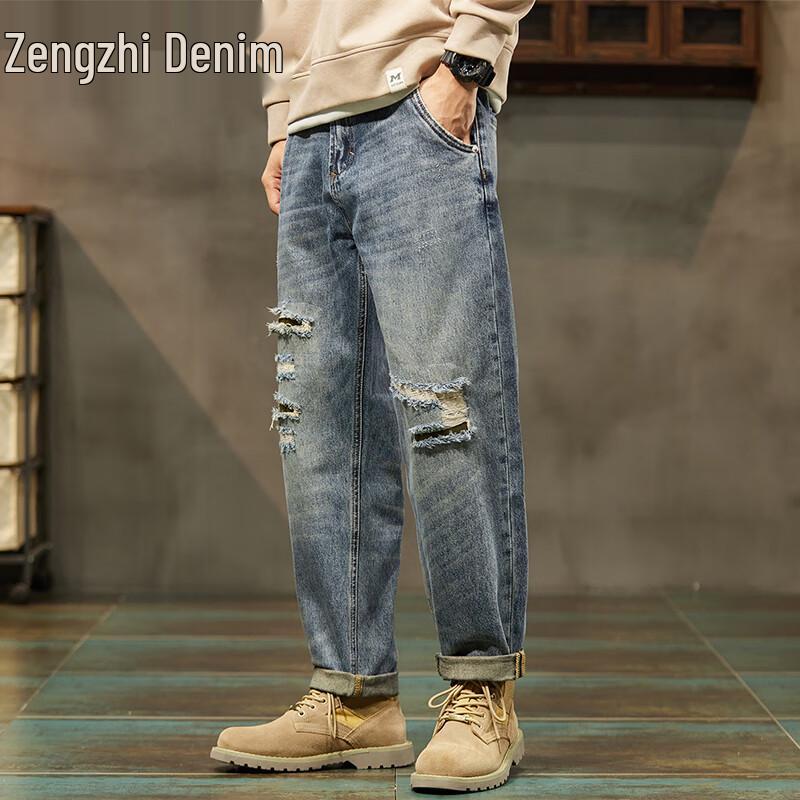 

Мужские рваные прямые джинсы Zengzhi 38