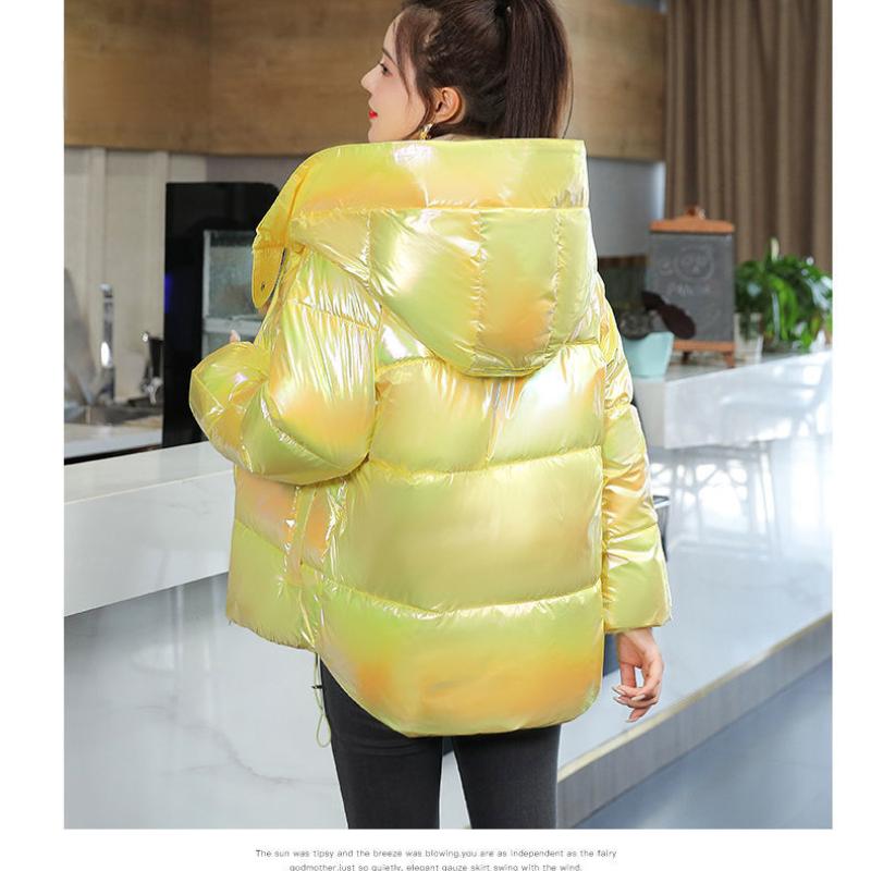 Vysoce kvalitní barevný a lesklý kabát v novém korejském stylu Dámská volná bunda s kapucí Chlébový kabát bez praní