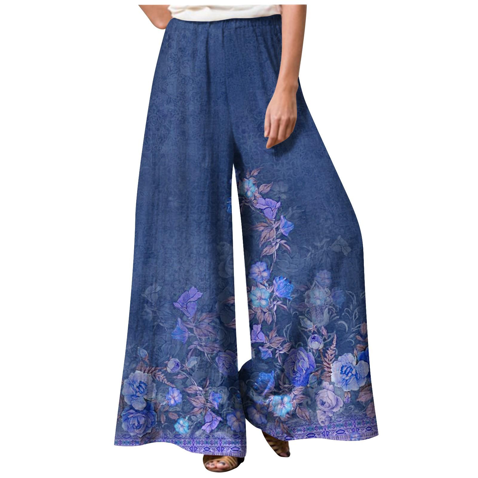

Women s Fashion Loose Casual Print Elastic Waist Pocketless Wide Leg Casual Pants XXXXXL синий
