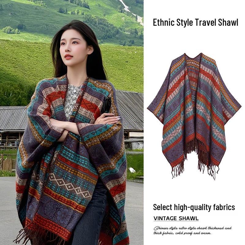 Ethnic Striped Cape: TikTok Trending Versatile Travel Shawl from Tibet & Yunnan - Warm & Stylish