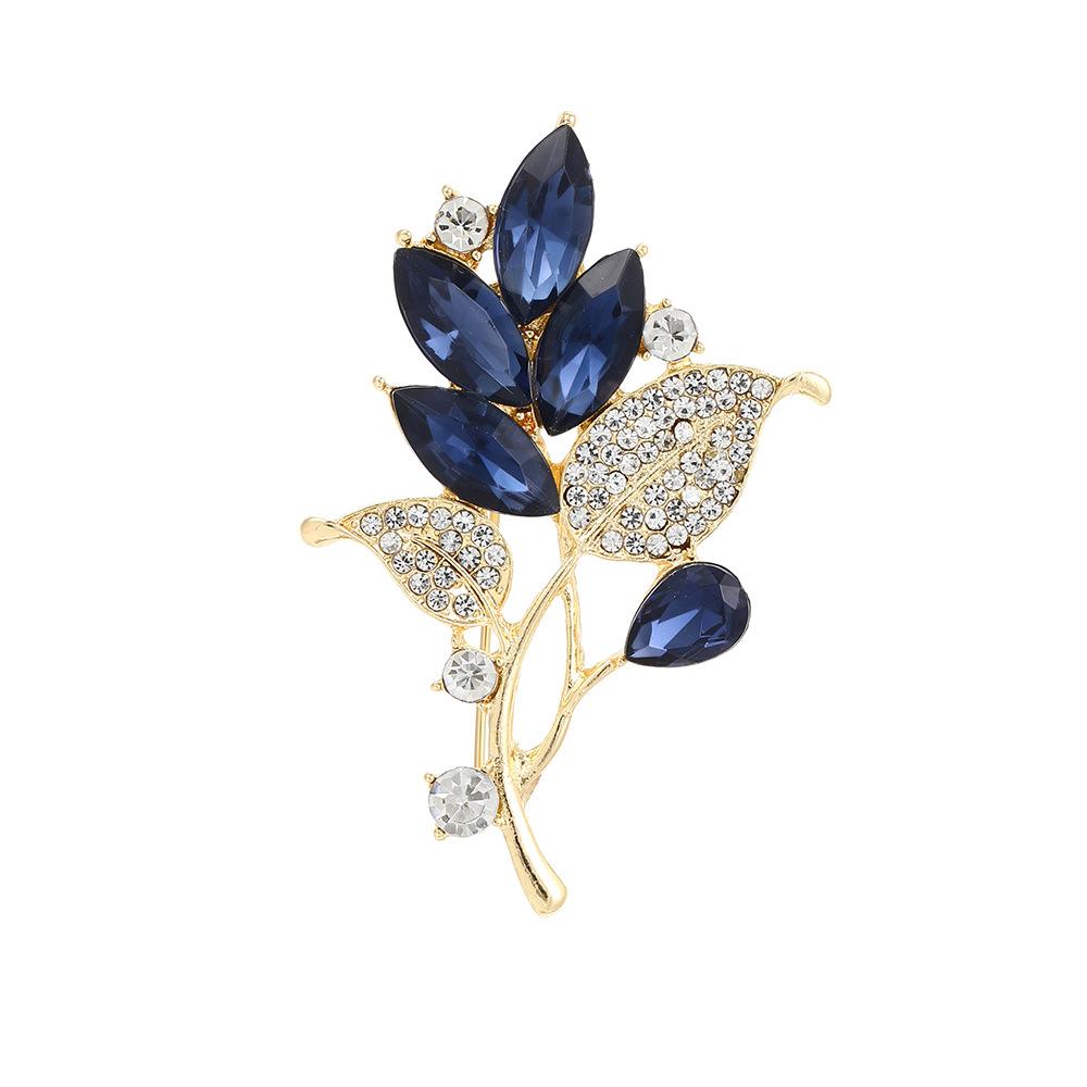 Blue Crystal Leaf Diamond Temperament Brooch, Light Luxury Niche Design Sense Suit Cheongsam Corsage Woman