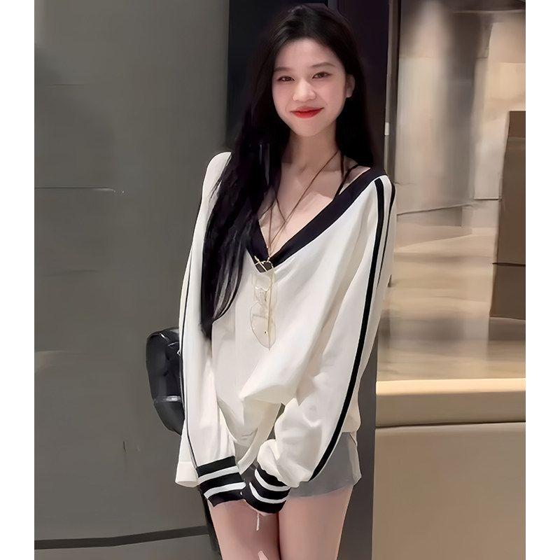 

Korean Style Simple Loose White V-neck Long sleeve Women clothes Early Autumn New All-Match Bottoming Shirt Inner wear T-shirt Mid-Length Top White Top S