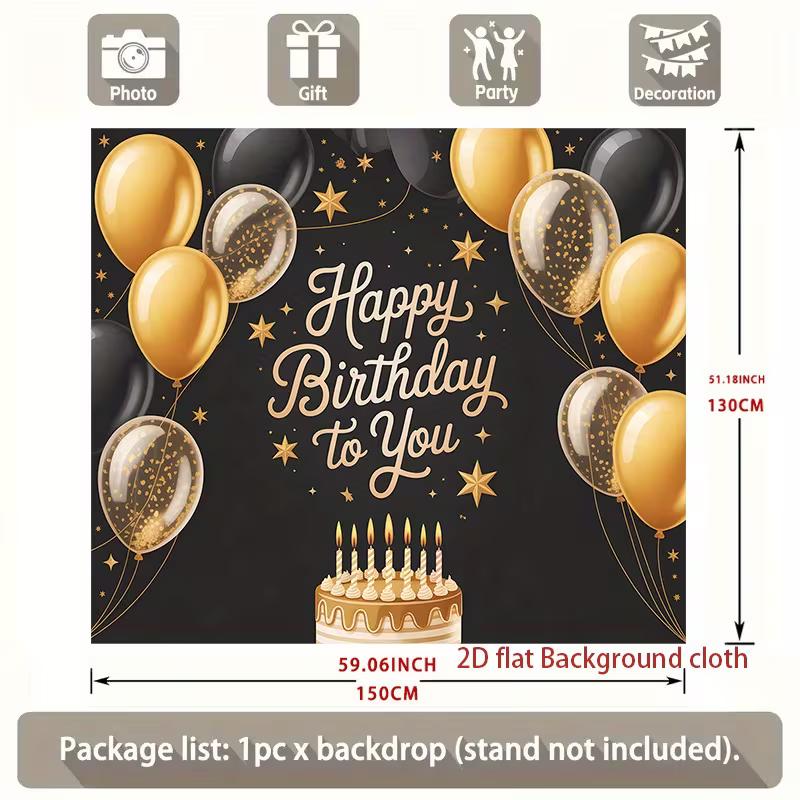 2D Happy Birthday To You Black Gold Balloon Background Cloth Birthday Party Decoration