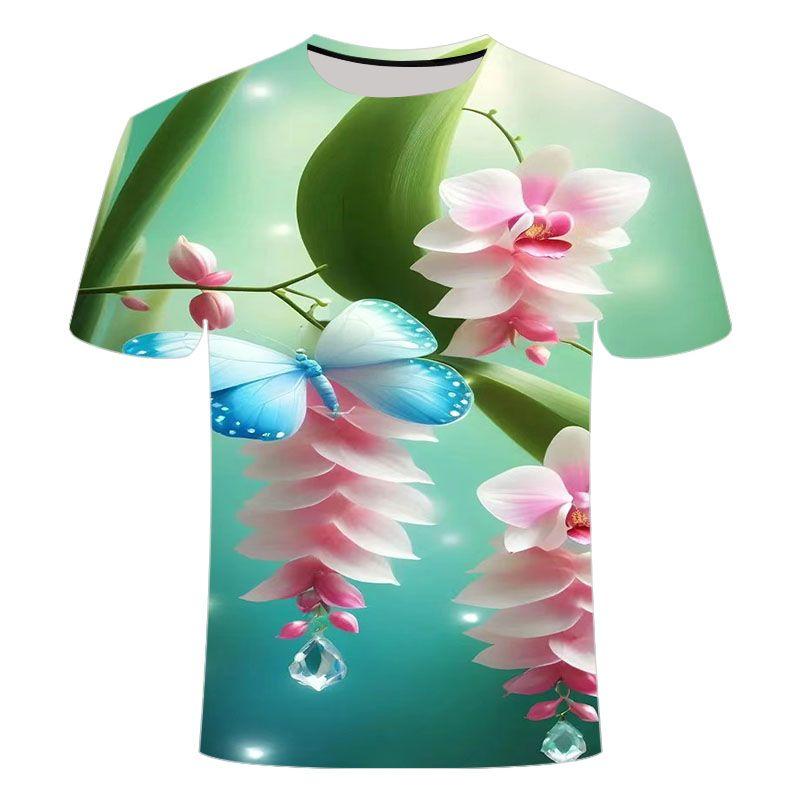 Summer New Beautiful Flower Pattern 3D Printed T-shirt Trendy Fashion and Versatile Short Sleeve for Primary and Secondary School Students