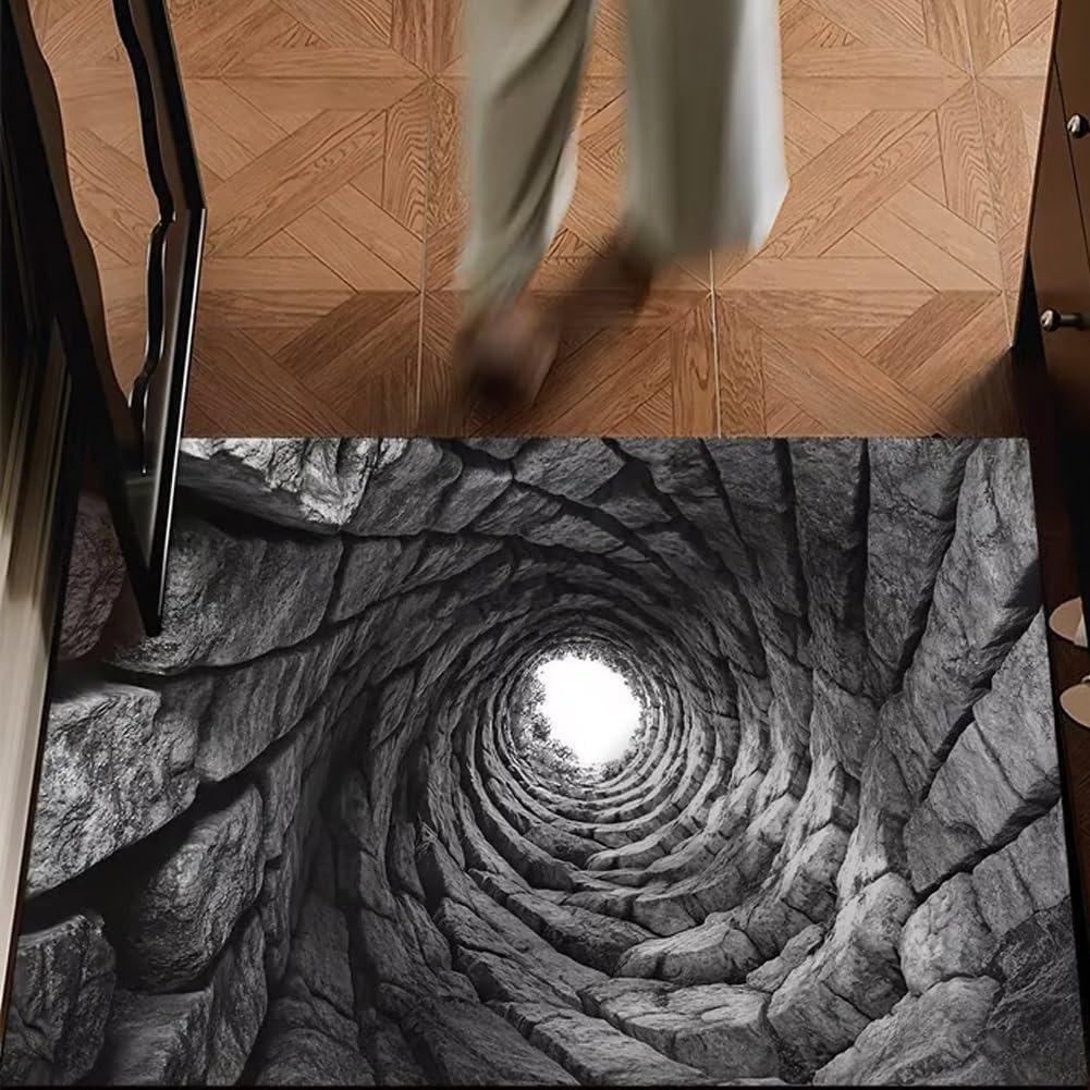 2D Deep Well Optical Illusion Door Mat Soft Non-Slip Entryway Rug Natural Spiral Hole Print Home Decor Carpet Prank Funny Decor