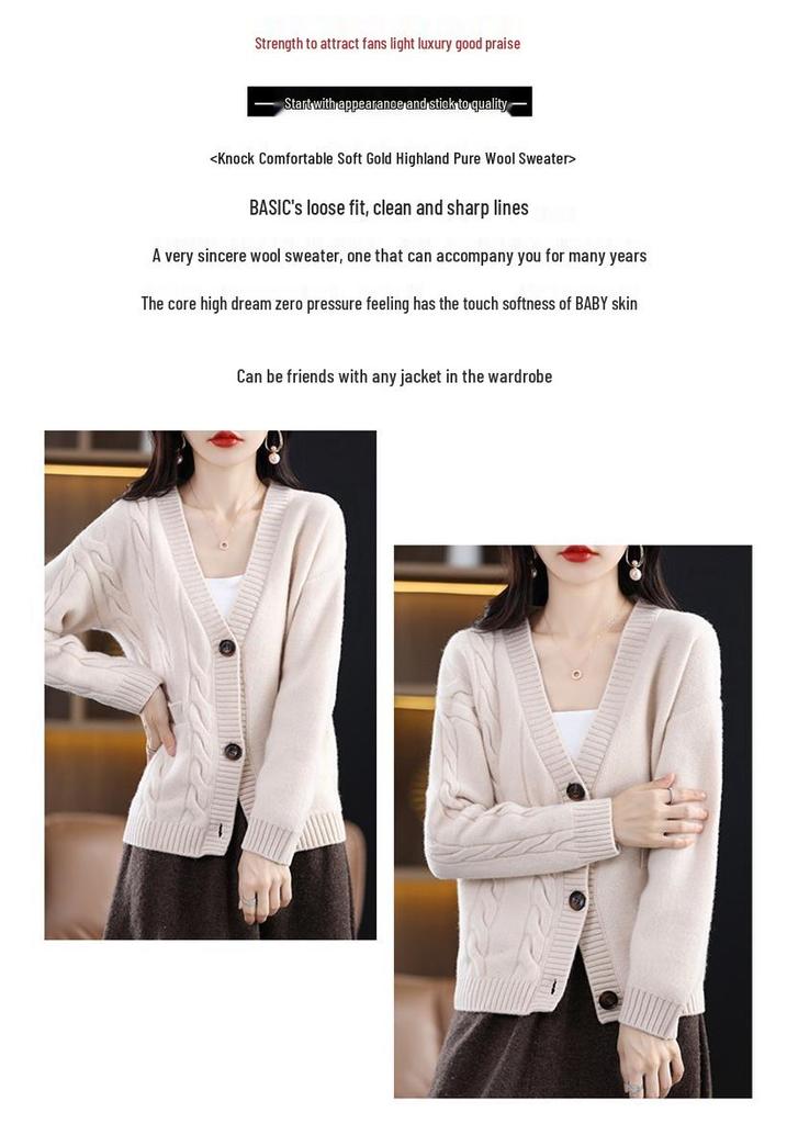 Women's V-Neck Wool Cardigan - 100% Pure Wool, Loose Fit, Long Sleeve, Versatile Cashmere Knitwear for Autumn/Winter.
