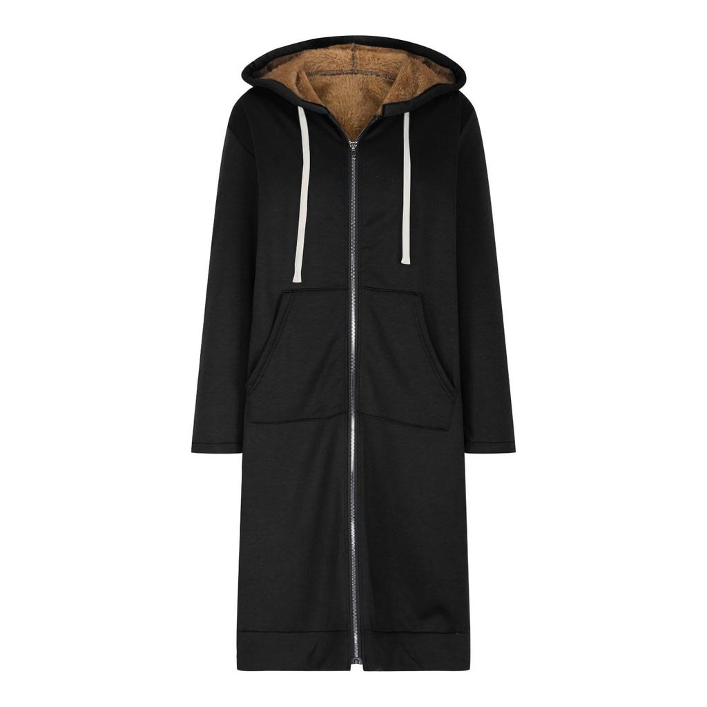 Women's Fashion Casual Solid Color Compound Fleece Sweater Medium Long Casual Hoodie Coat