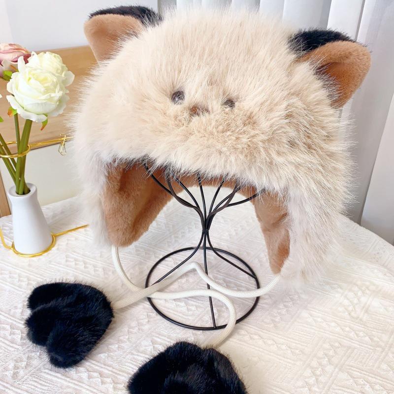 Women's Winter Fleece-Lined Cat Plush Hat for Outdoor & Cycling
