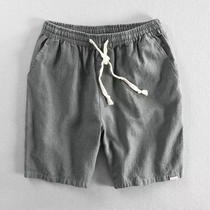 Summer Light and Thin Ramie Shorts Solid Color Simple Elastic Drawstring Cotton Beach Casual Loose Five-point Pants Men