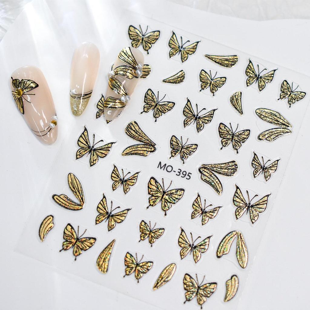 Xiaohongshu Best-Selling Butterfly Nail Stickers: Gold & Silver Cat Eye Quicksand Design.