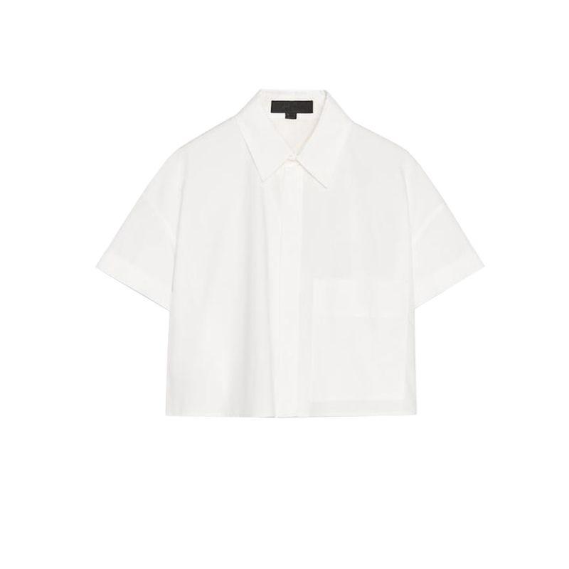 Spring and Summer New Women's Clothing Minimalist Pleated Decorative Poplin Cotton Short Sleeve Lapel Short Shirt 4764014