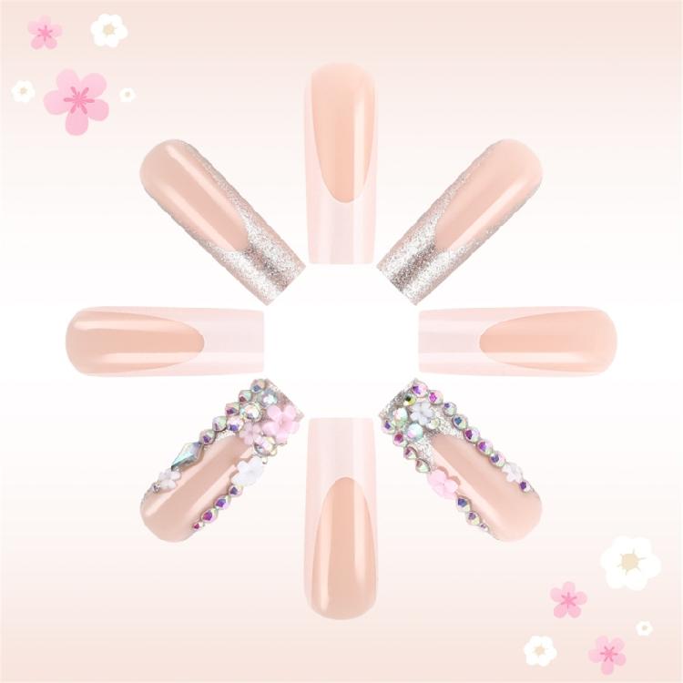 24pcs Square False Nail with 3D Flower Rhinestones Press On Nail Quick and Easy Application for Office or Party Use