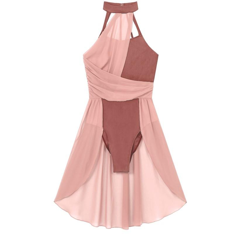 Damen Chiffon Patchwork Dancewear Rücken Trägerloses ärmelloses Trikotkleid Lyrisches Tanzkostüm