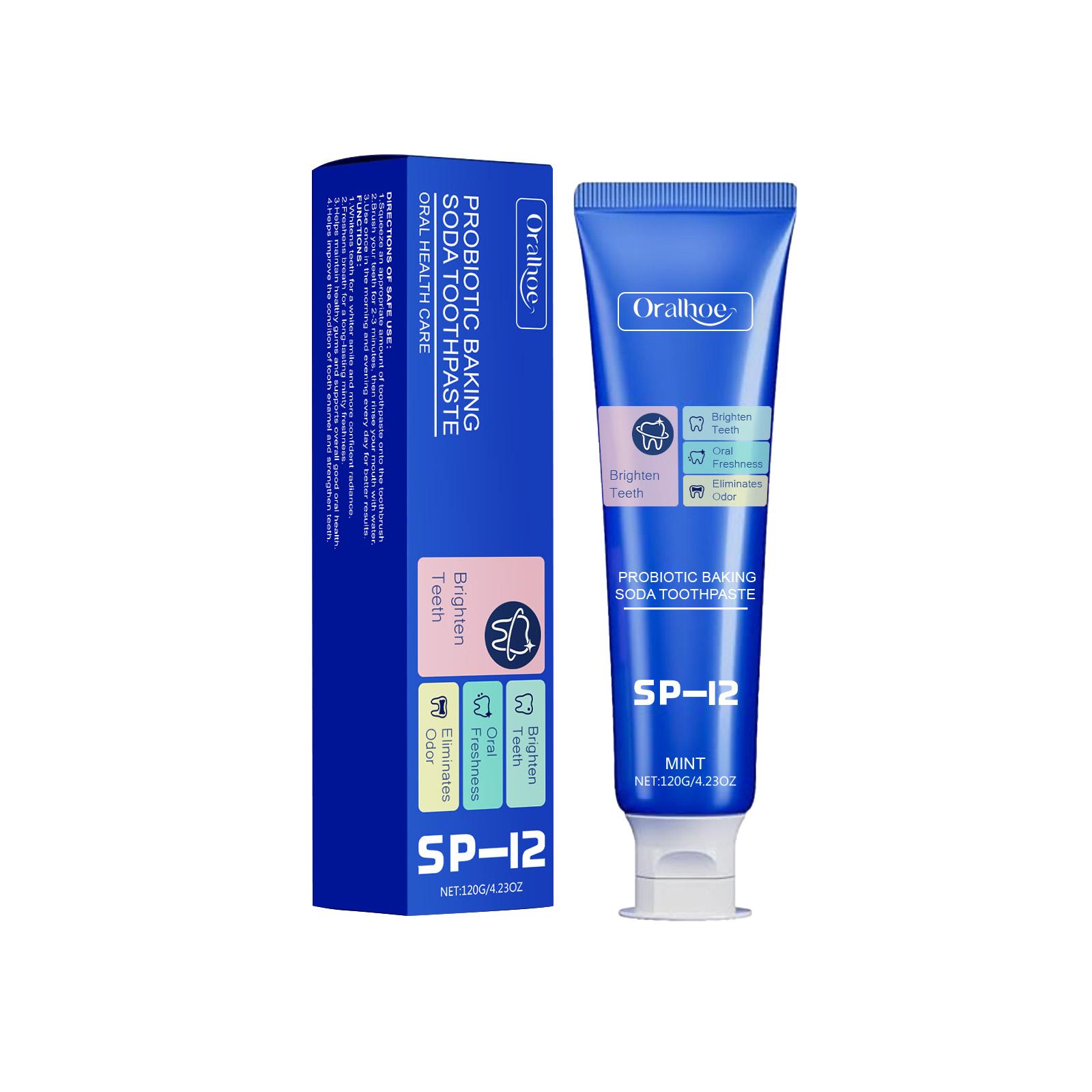 

Пищевая сода Пробиотик Отбеливающая зубная паста Удаляет желтый зубной налет Зубной камень Осветляет Защита зубов Защита десен Свежее дыхание Уход за полостью рта 120g