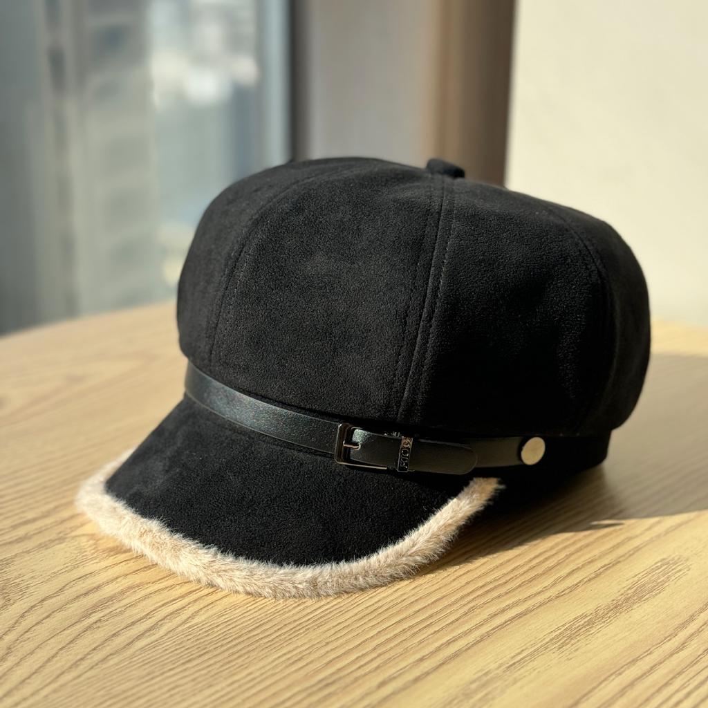 Women S Fashionable Frayed Edge Octagonal Newsboy Cap With Belt Buckle For Autumn Winter