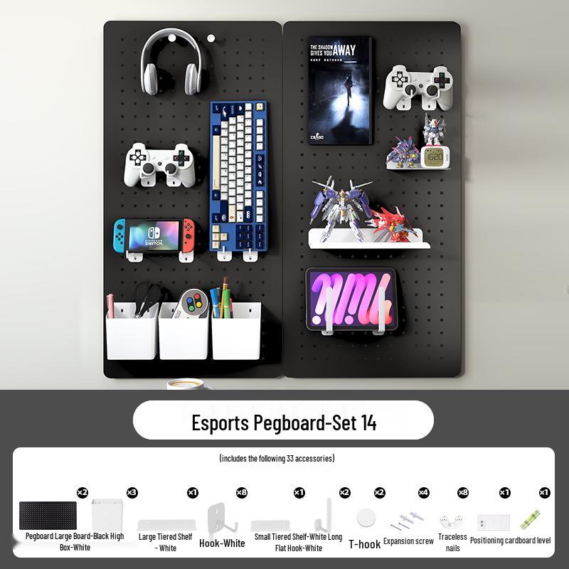 Esports Gaming Desk with Pegboard Wall Organizer and Equipment Rack