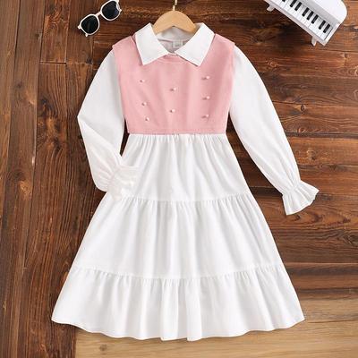 Girls' Autumn 2025 Lapel Dress with Beaded Vest, Solid Color, Long Sleeve