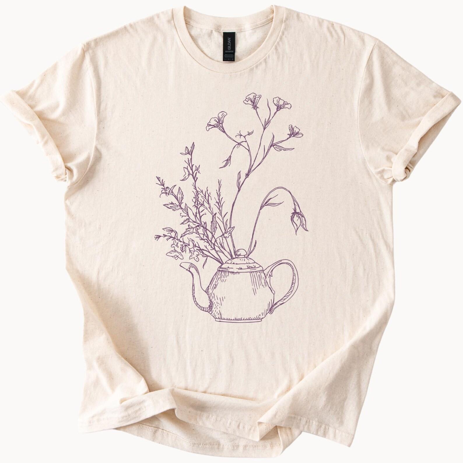 Floral Teapot Sketch Graphic Shirt Botanical Garden Flowers Drawing Tee Nature Art Plant Lover Gift Soft Cream TShirt 120