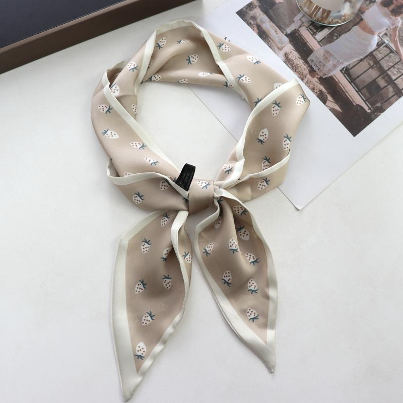Sweet Strawberry Print Women Small Silk Scarf Handle Bag Ribbons Female Head Scarves Sharp Angle For Women  100*9cm