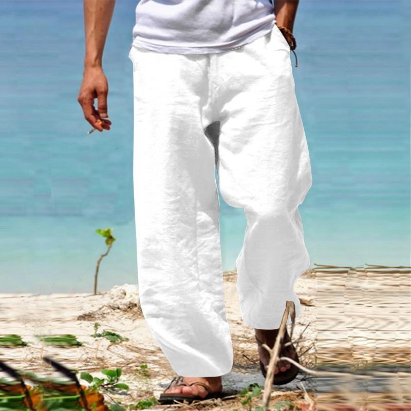 Spring and summer men's trousers solid color thin cotton and linen casual straight pants high waist shows long legs