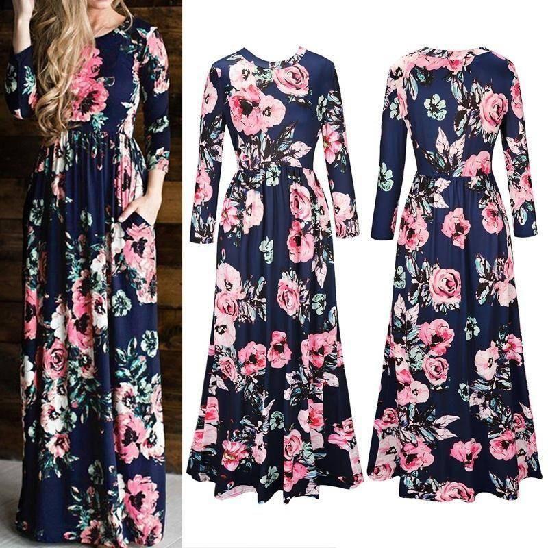 Elegant Summer Floral Print Long Sleeve Dress For Women In White Pink Green And Navy Blue