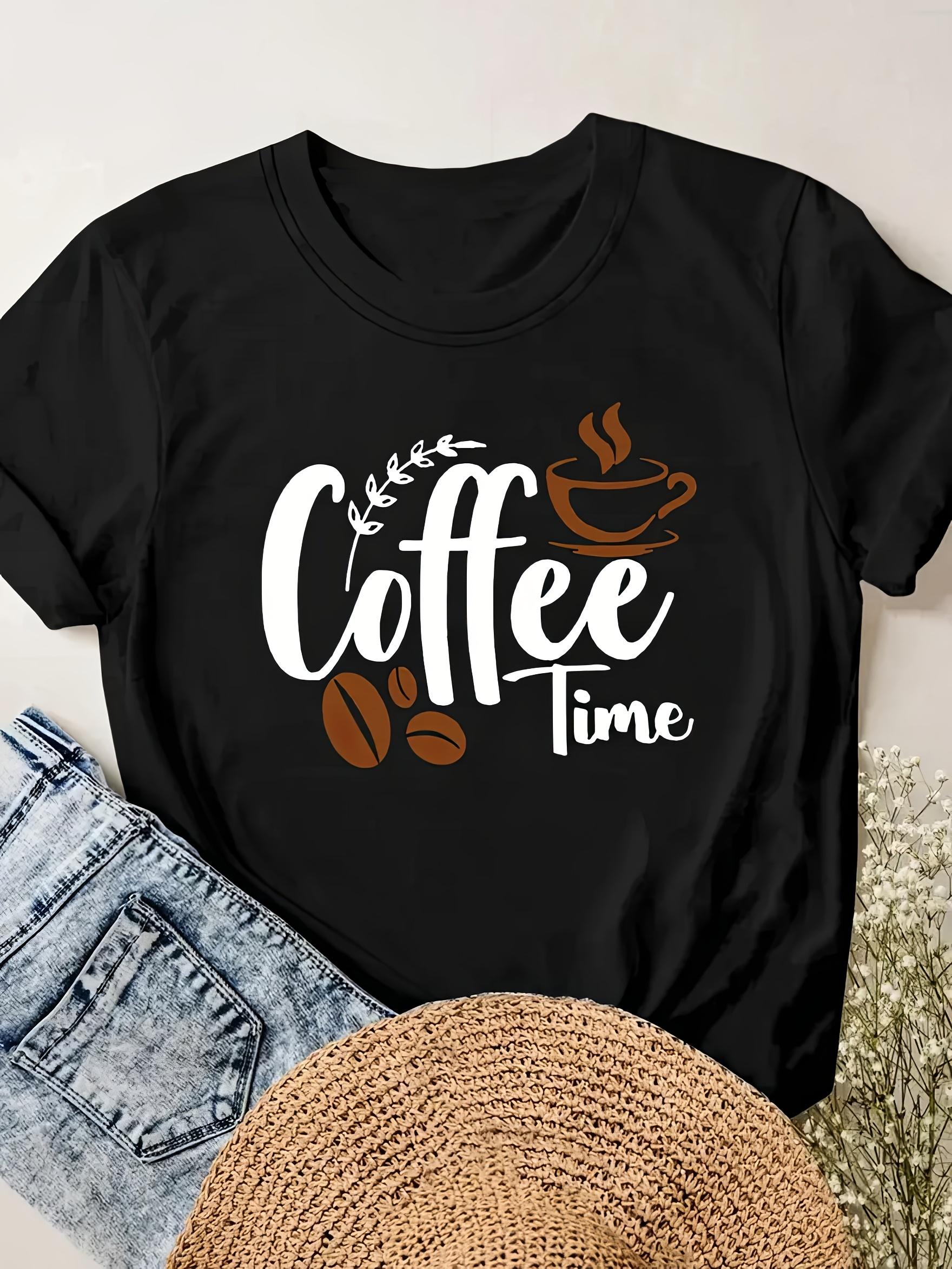 Women s Casual Sleeve T-Shirt Round Neck with Coffee Time Text Coffee Cup Beans Print Harajuku Sleeve Aesthetic Clothes S
