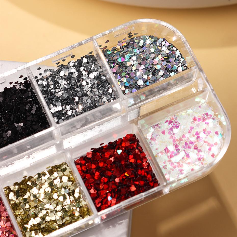 Xiaomi 12 Grids Red Mini Heart Nail Art Sequins Glitter Love Heart Shape Nail Flakes Valentines Charms Nail Art Decorations Manicure