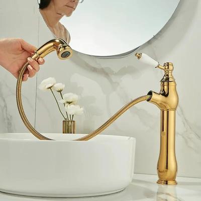 Gold Bathroom Ceramic Handle Basin Faucets Pull Out Mixers Sink Faucet Washbasin Taps Water Tap Tapware Crane Brass Material