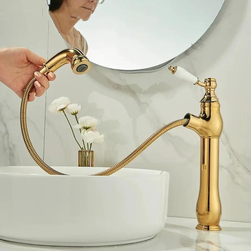 Gold Bathroom Ceramic handle Basin Faucets Pull Out Mixers Sink Faucet Washbasin Taps Water Tap Tapware Crane Brass Material