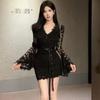 Pure desire sexy V-neck lace splicing horn sleeve inside with hip skirt temperament slim and thin autumn and winter dress women