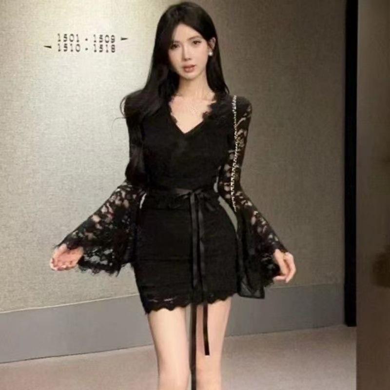 Pure desire sexy V-neck lace splicing horn sleeve inside with hip skirt temperament slim and thin autumn and winter dress women