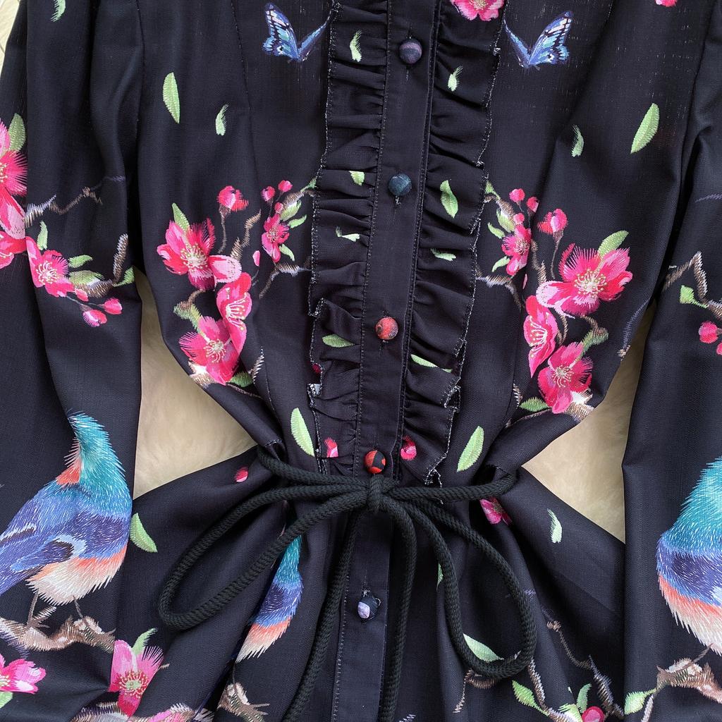 French Chic Retro Vestidos Female Long Sleeve Printed A-line Bodycon Dress Spring Lace-up Pleated Dresses Button Dropshipping