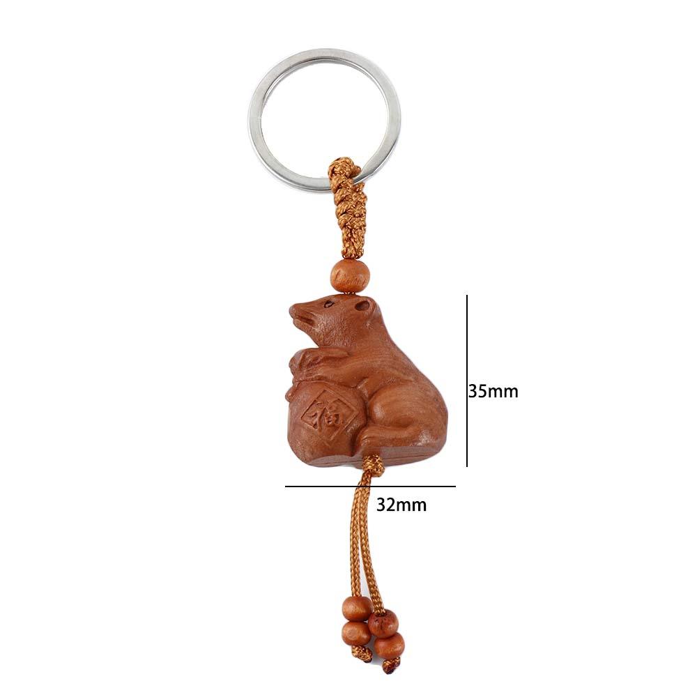 Ethnic Car Key Ring Mascot Gift Fengshui Engraving Wood Keyring Keychain Chinese 12 Zodiac Mahogany