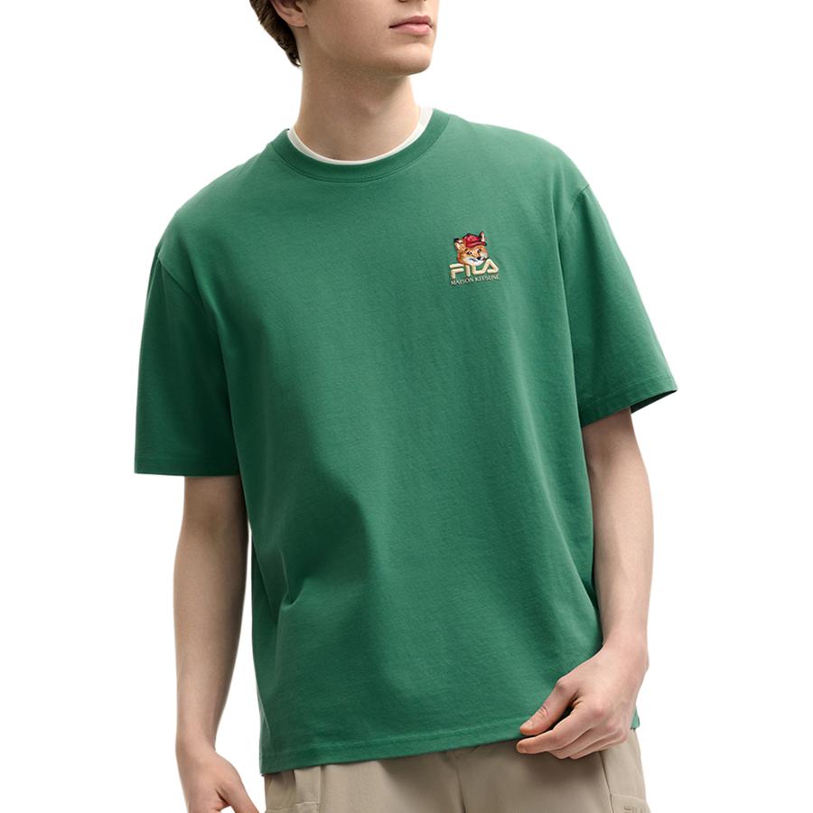 Fila X Maison Kitsune Fox Logo Print Casual Loose Fit Round Neck Short Sleeve T-Shirt Men Tops Moroccan-Green F11U529101F-GN