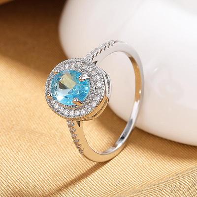 European & American Fashion Luxury Sea Blue Zircon Oval Ring for Women