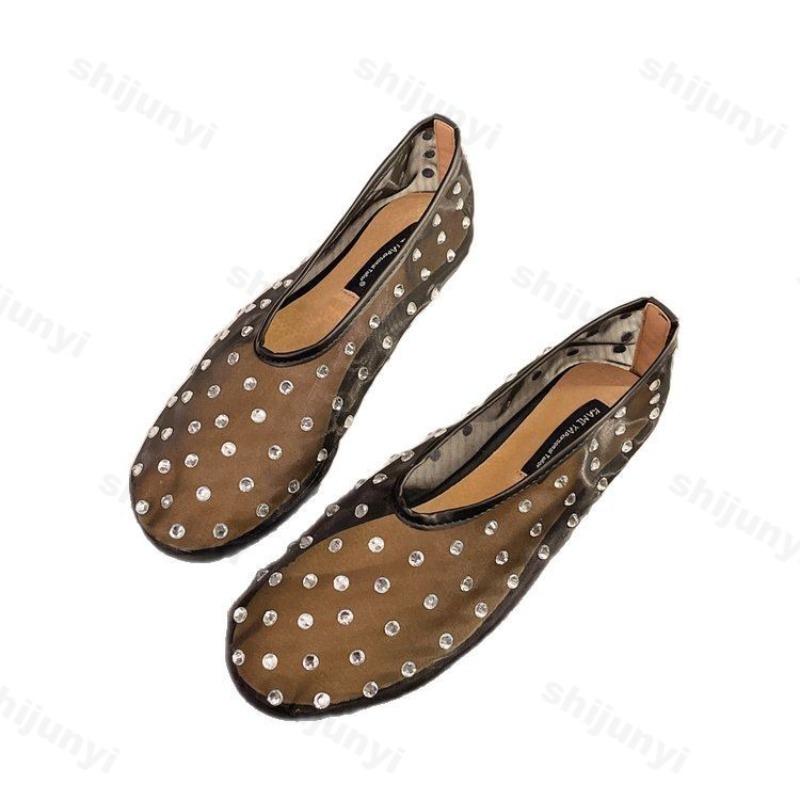 Fashion Summer Women Ballet Flat Shoes Rhinestones 2025 Mesh Mary Jane Shoes Female Soft Breathable Casual Shoes Zapatillas De Mujer