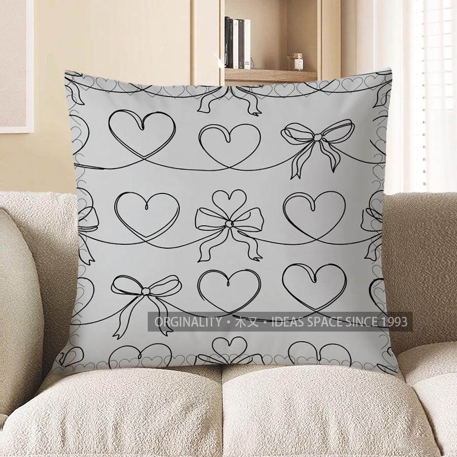 2D Heart & Bow Pattern Digital Print Pillow Covers Pattern Cushion Cover Suitable For Sofa Bedroom Car Pillow Cover