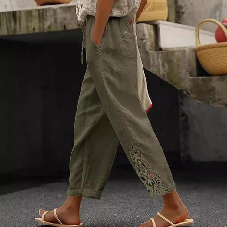 White Casual Pants for Women Loose Fit Elastic Waist Breathable Summer Trousers with Side Cutout Design Multiple Colors