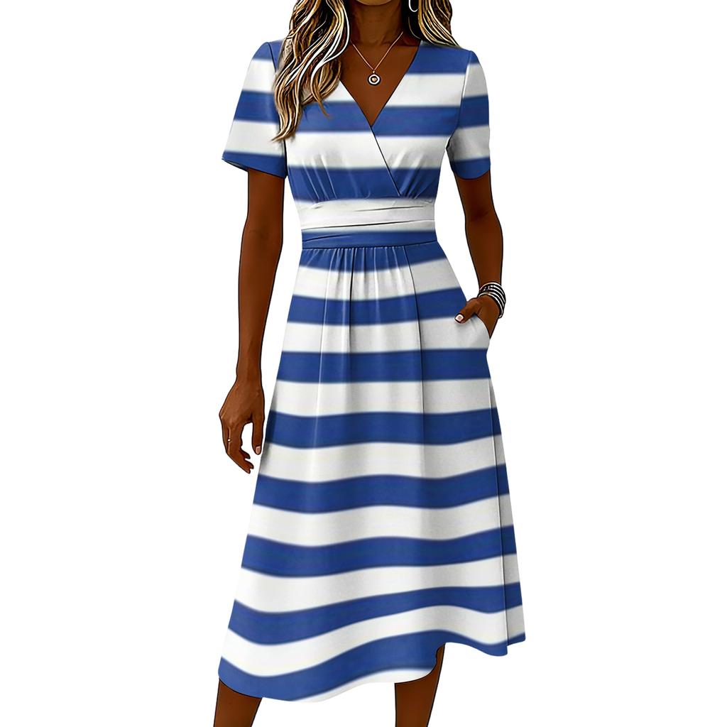 Ladies' Striped Casual Fashion Short Sleeved V-neck Dress