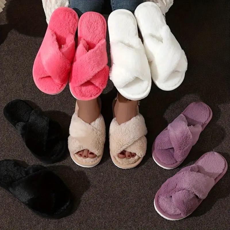 Winter Crisscross Plush Indoor Slipper Comfortable and Warm Soft Soled Furry Shoes Non Slip Home Floor Slippers