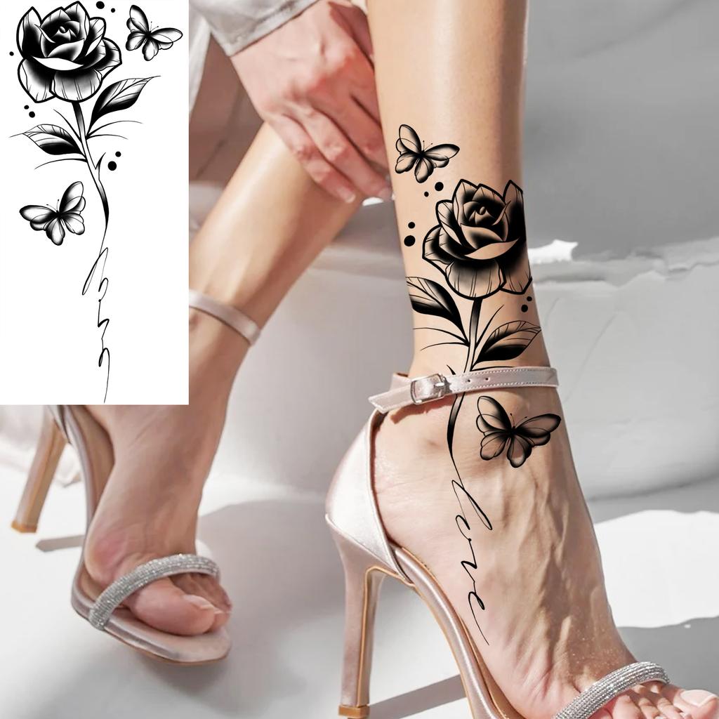 1 Blatt Totenkopf Schmetterling Rose Temporäre Tattoos Für Frauen Männer Hände Fuß Nacken,Temp Fake Tattoo Aufkleber Langanhaltend Wasserdicht