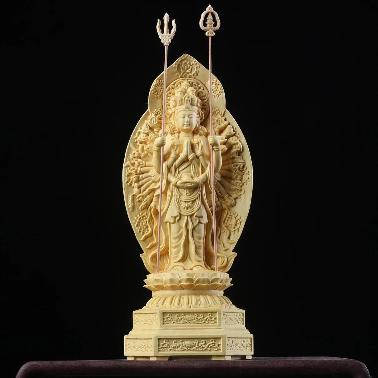 

20 см самшитовая тысячерукая резьба по дереву Гуаньинь скульптура фэн-шуй домашний декор статуэтка Будды из цельного дерева