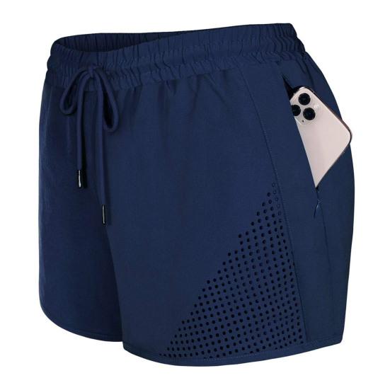 Hidden Zipper Pockets Loose Lounge Shorts with Breathable Holes Women Running Elastic Waist Drawstring Yoga Shorts Female Clothing