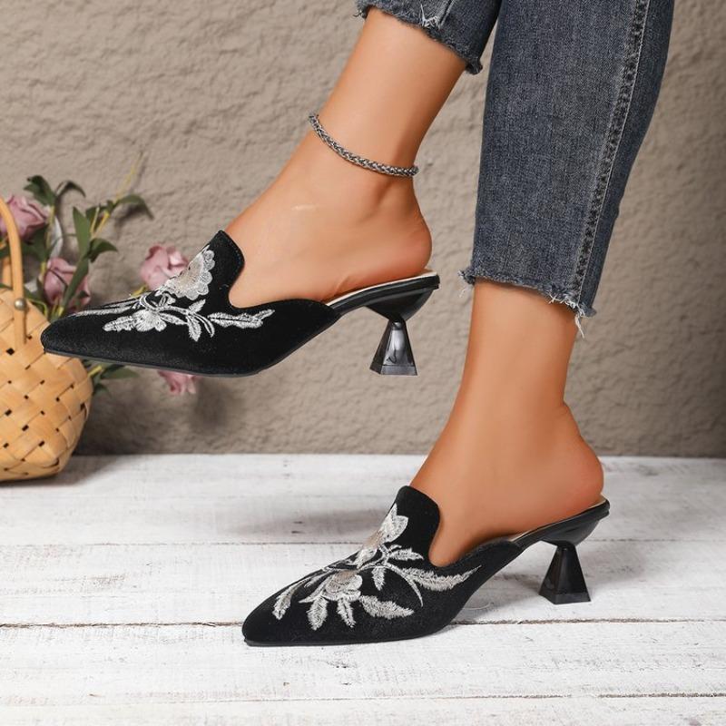 Fashion Satin Embroidered Flower Stiletou Slippers Autumn New Pointed Toe Deep Mouth Slip-on Non-Slip Heels