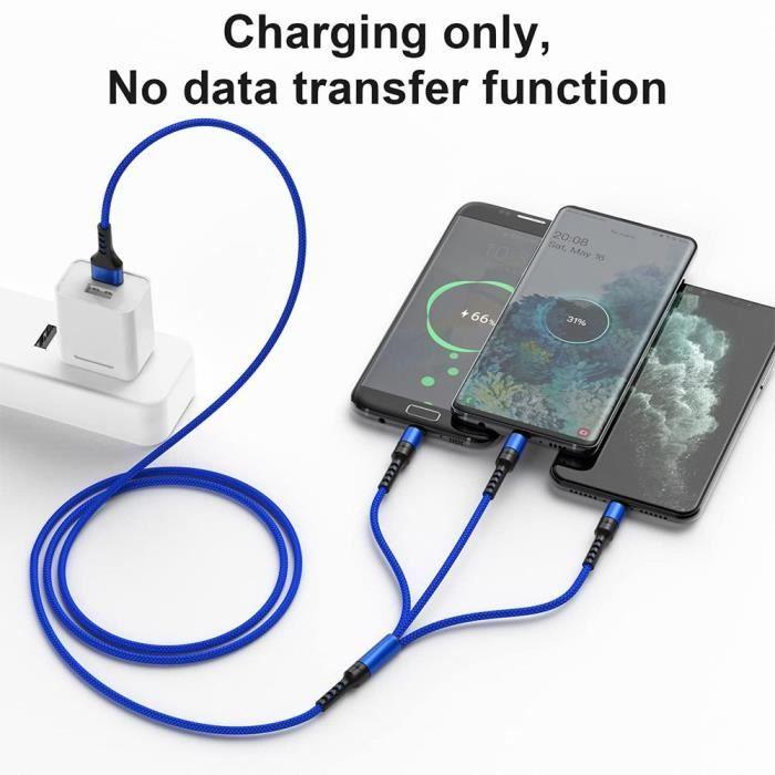 Câble USB 3 en 1 Multifonction pour Samsung Galaxy A54 A14 4G-5G A34 M13, M23 5G, Câble USB-C Micro-USB Bleu