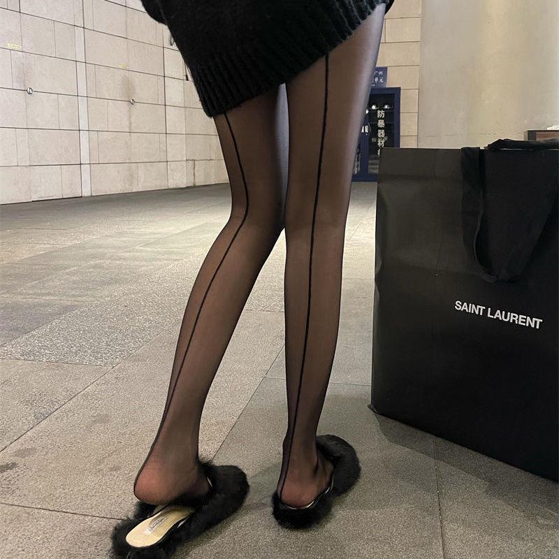 Sheer Retro Black Silk Sensory Socks, Two-Way Vertical Stockings, Slimming European Style Pantyhose