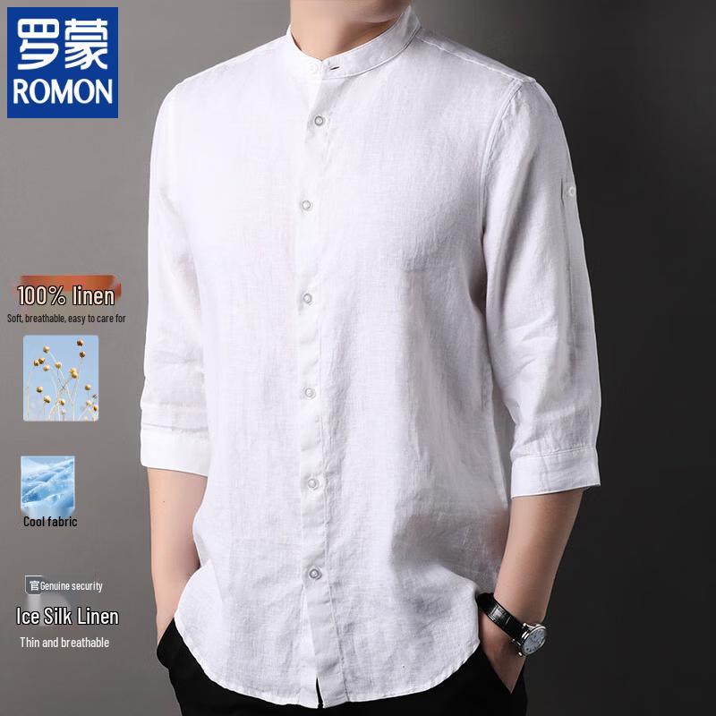 

ROMON Men s 100% Linen Stand Collar Short Sleeve Shirt 2XL