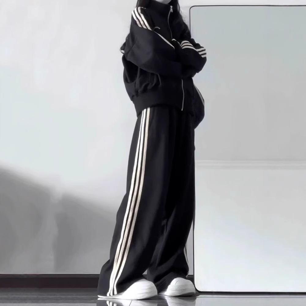 Women's Autumn Campus Casual Set: Three-Stripe Zip-Up Jacket and Sweatpants